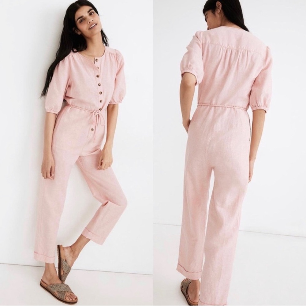 Madewell Pink Linen Blend Button-Front Jumpsuit